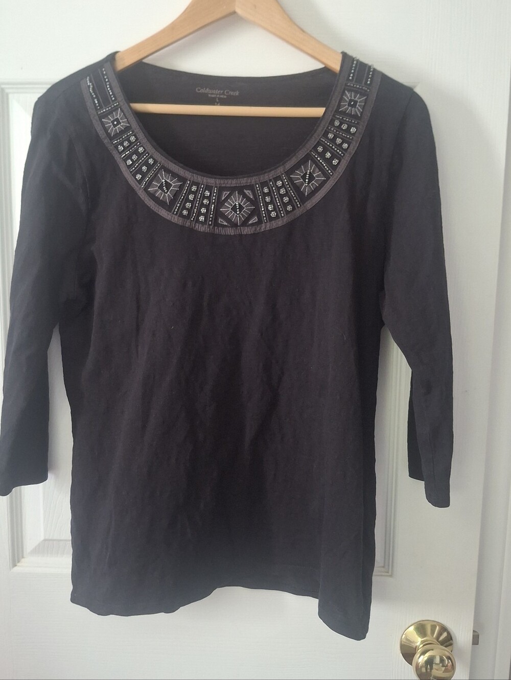 Coldwater Creek Womens Black Embroidered  Beaded Scoop Neck 3/4 Sleeve Top L 14